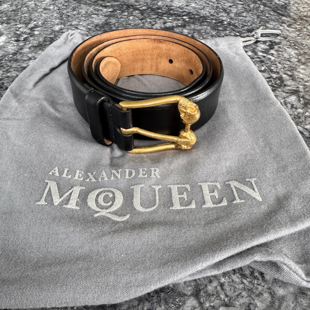 Alexander McQueen Black and Gold Twin Skull Leather Belt